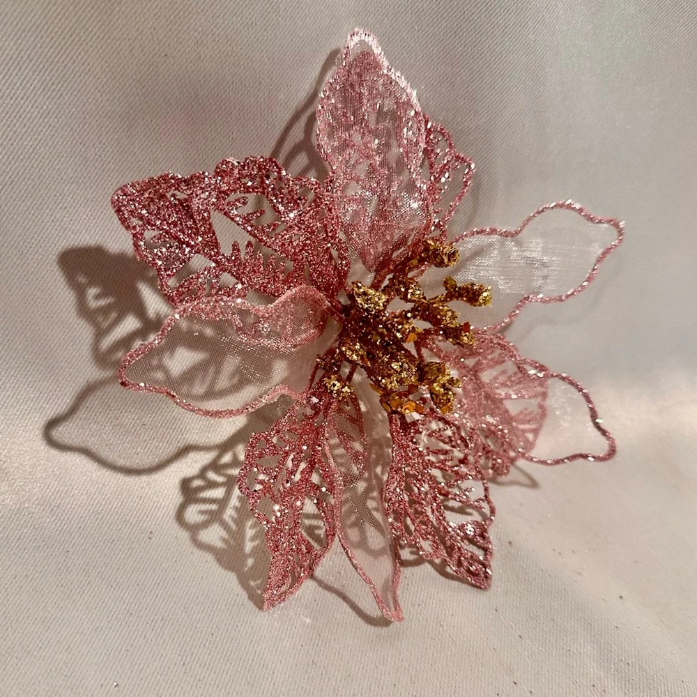 Sparkling Pink Gold Glitter Sequin Poinsettia Clip Ornament Headband Bouqet